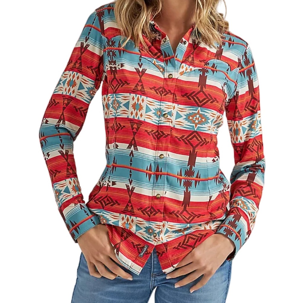 WRANGLER WOMEN'S RETRO HORIZONTAL GEO SNAP SHIRT Small NWOT Red Southwestern